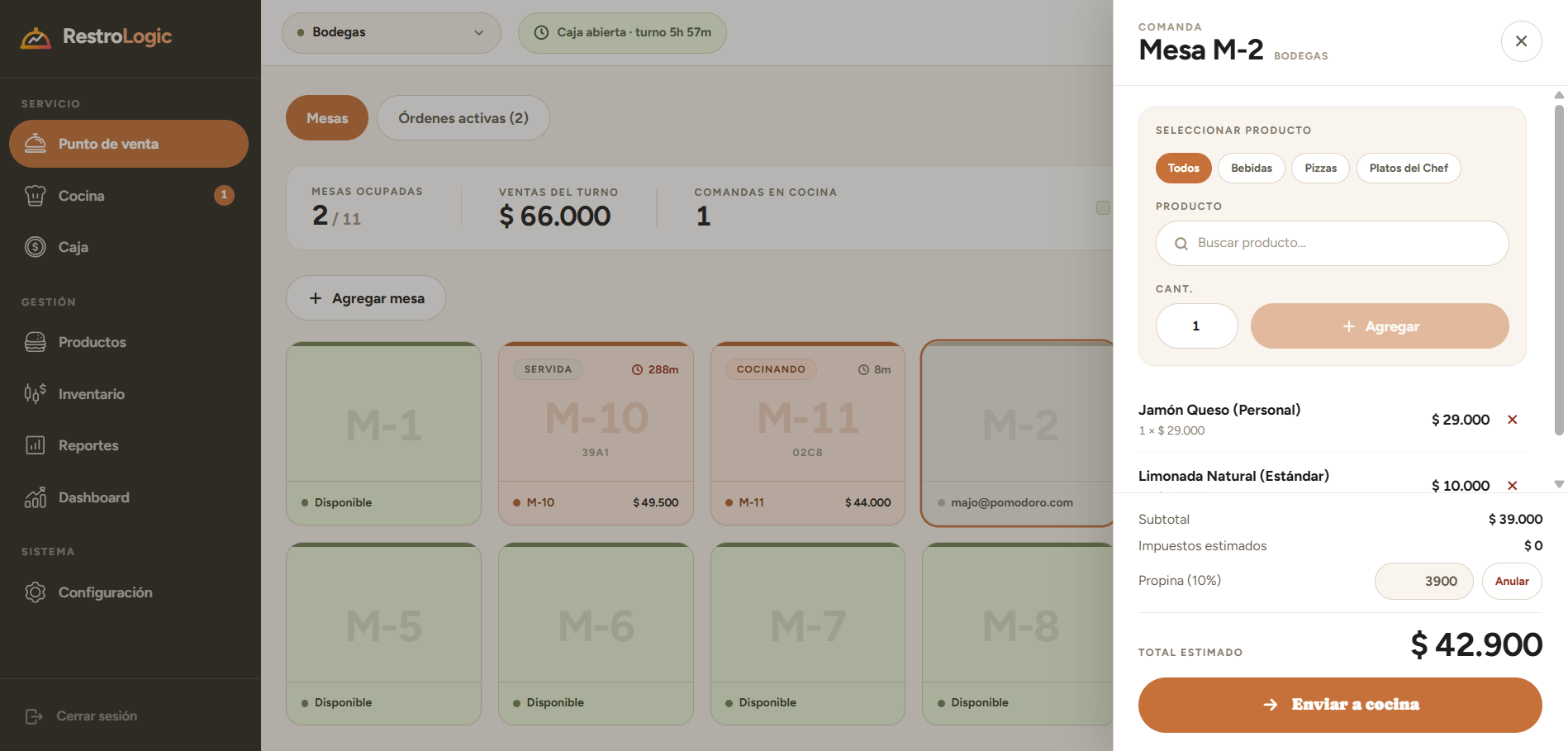 Punto de venta de RestroLogic con gestión de mesas